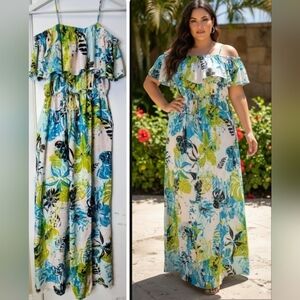 ATMOSPHERE Tropical Floral Off shoulder Cinched Tie Waist Maxi Dress Size 6